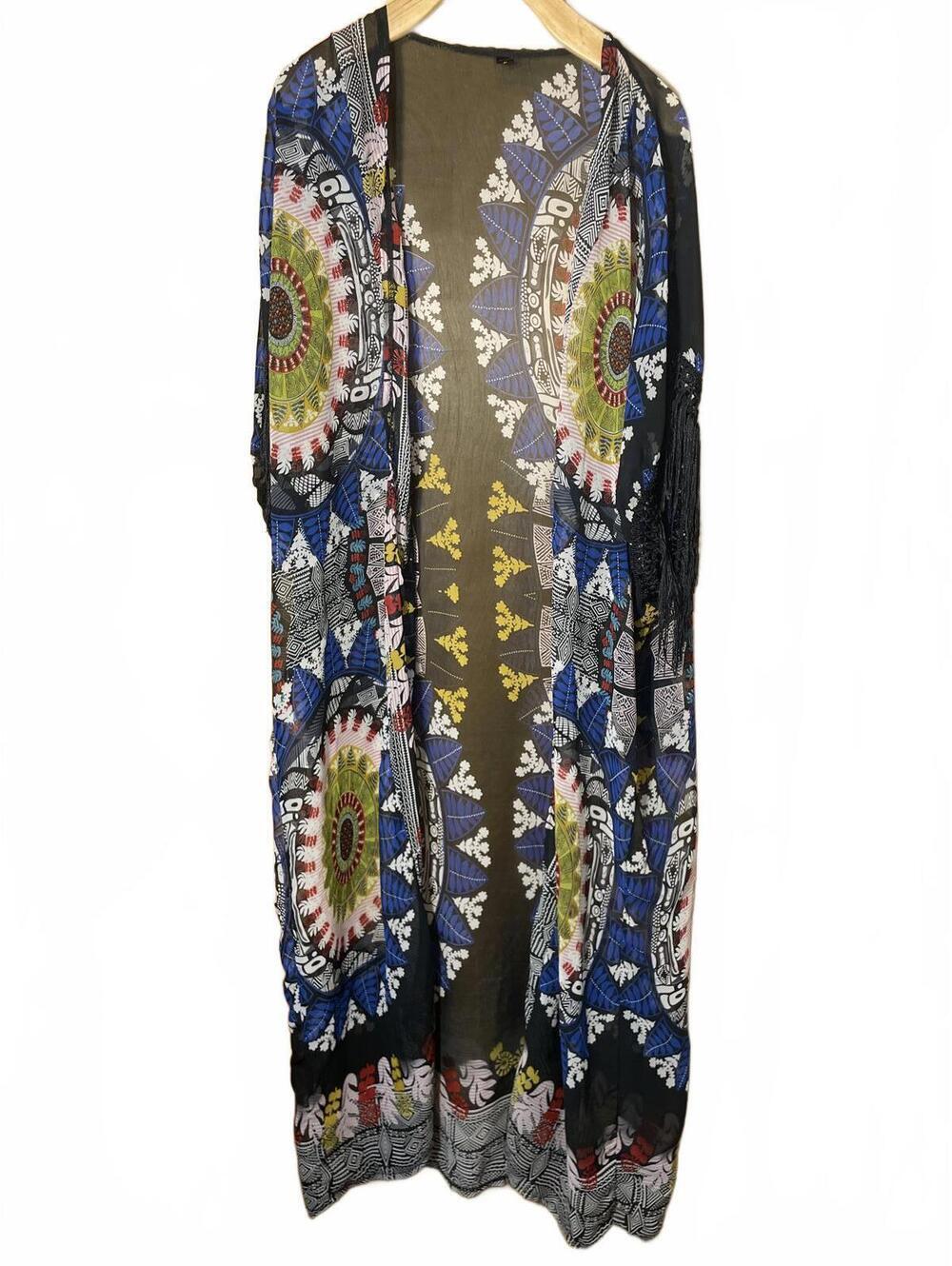 Kimono Robe Midi Women's Size OS Black Blue Fringe Boho Festival